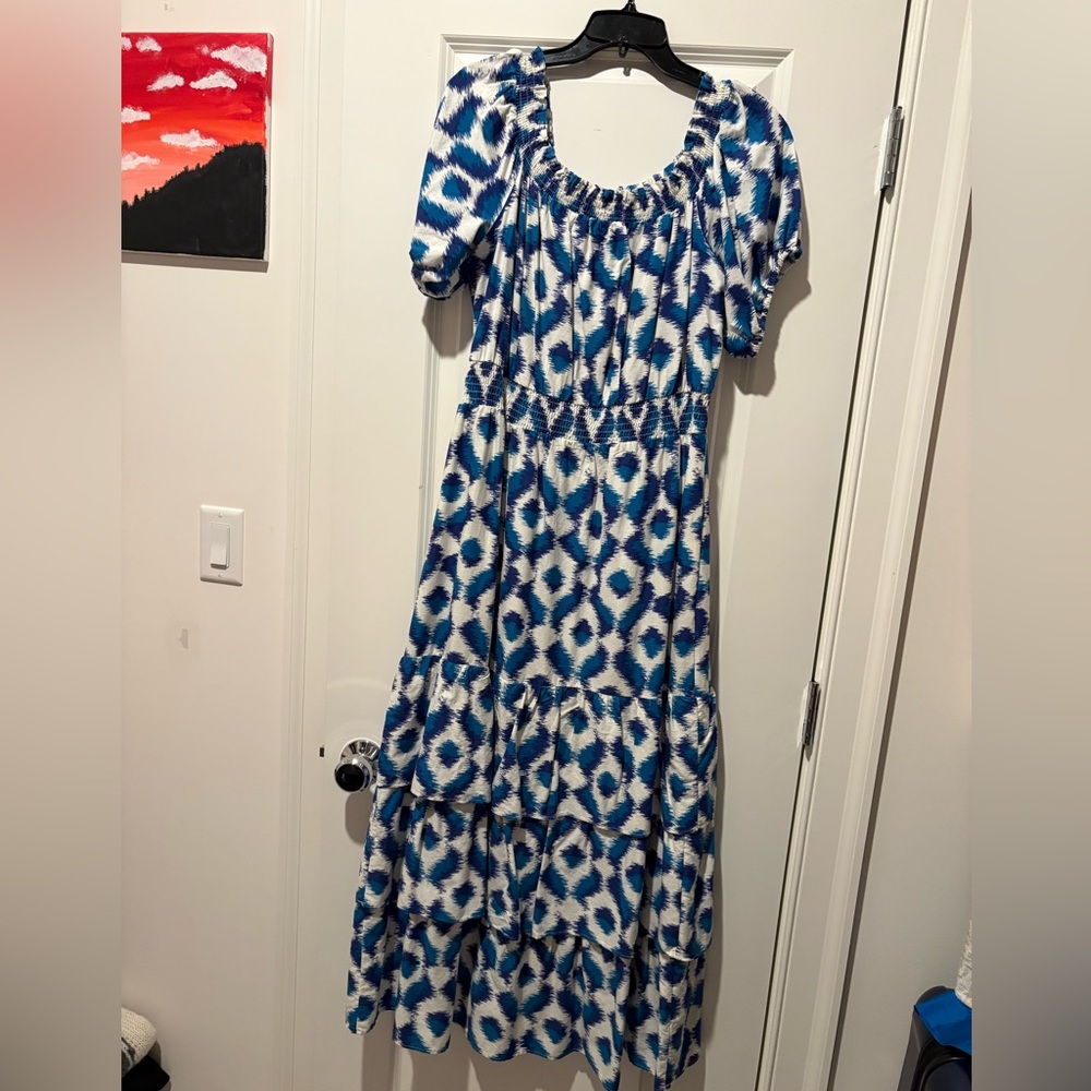Target Blue Ikat Print Tiered Midi Dress EUC Size M